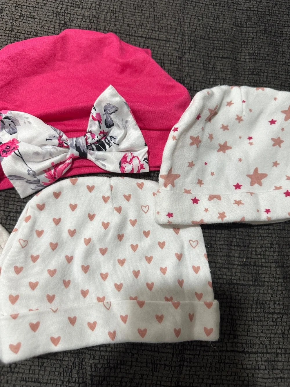 Baby Girls Pink and White Heart & Star Knit Hat Set set of 5